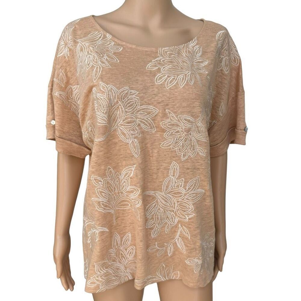 Chico’s Womens 100% Linen Embroidered Floral Top Womens Tan Shirt size 2 or L